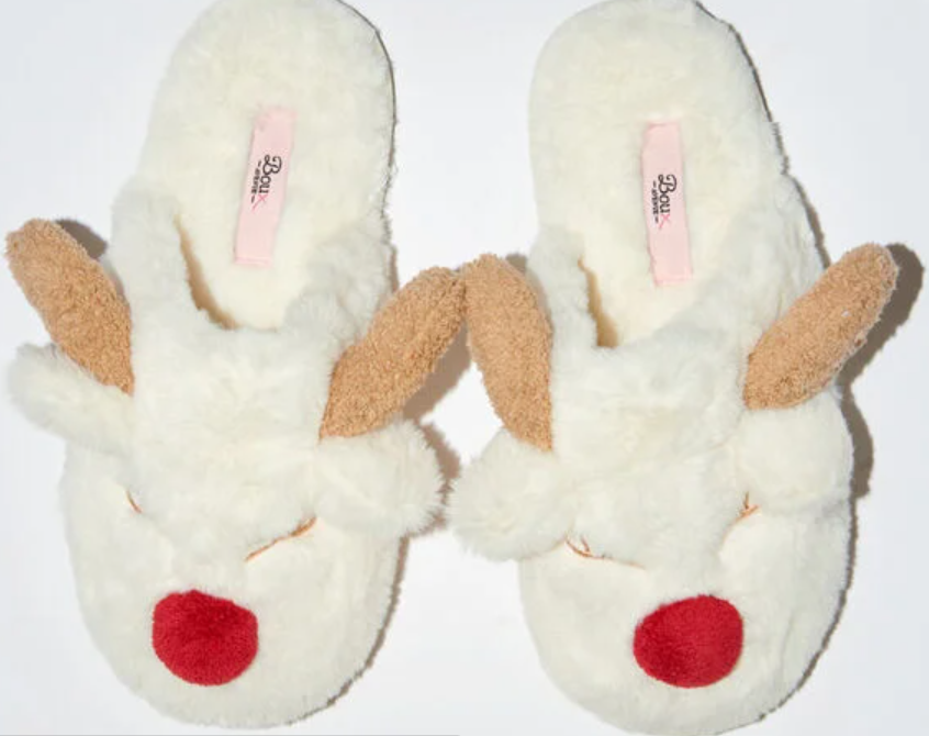 reindeer slippers with red nose and beige antlers