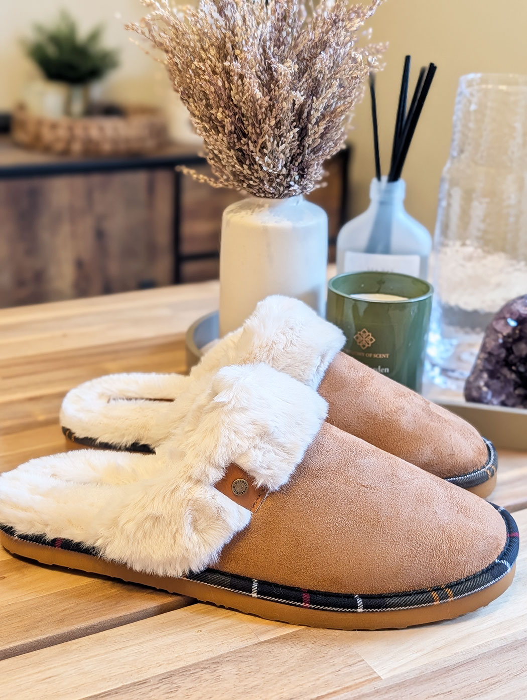 Womens slippers for mothers day. Brown tan with white fur trim design