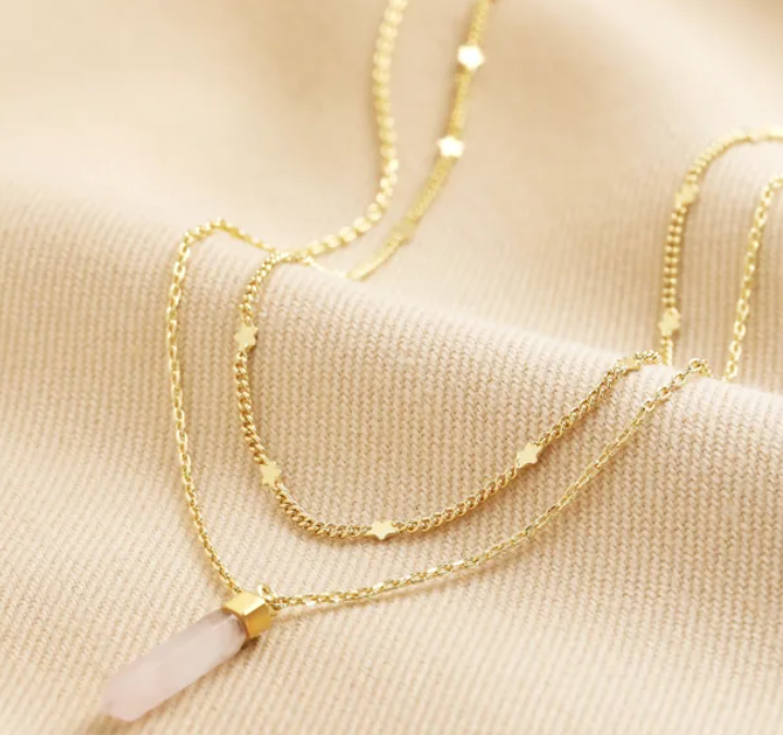 Rose gold toned rose quartz necklace with double chain detail