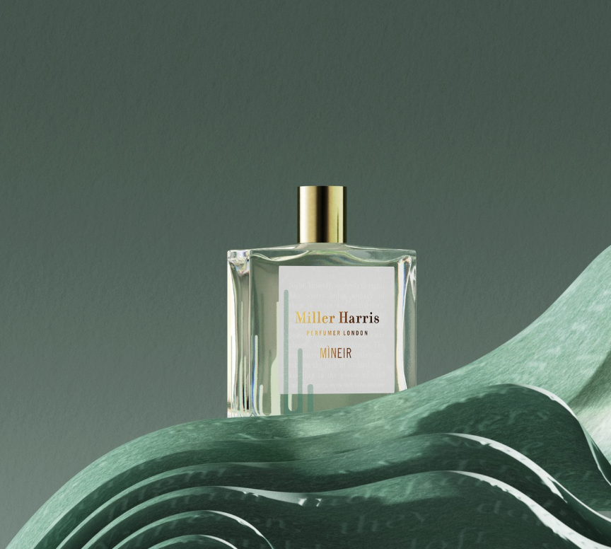 Miller Harris fragrance on green background