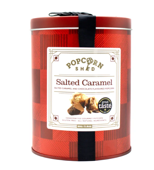Popcorn shed salted caramel in tartan tin
