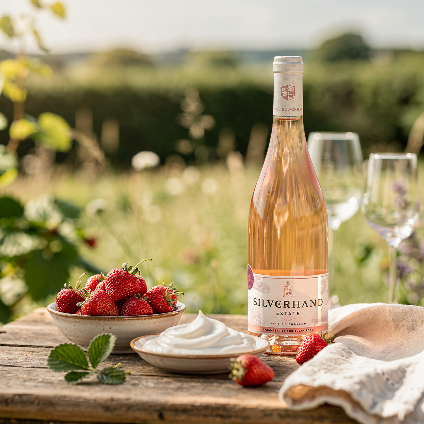 Strawberries and cream flavoured wine next to a plate of fresh strawberries and cream