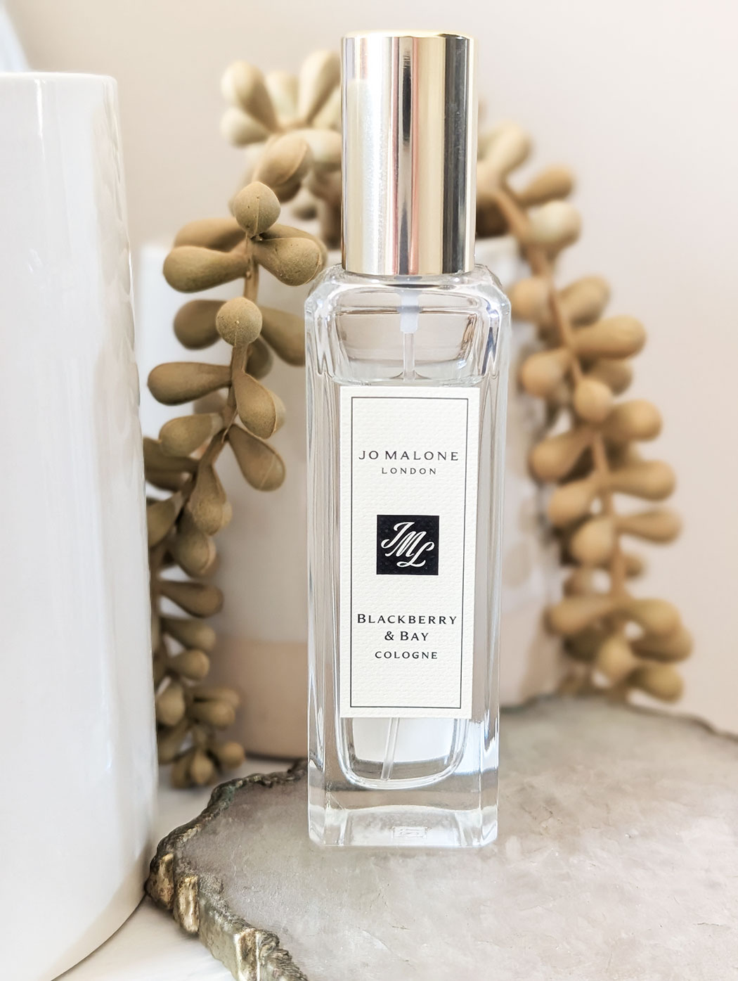 Jo Malone blackberry and bay fragrance bottle next to small plant