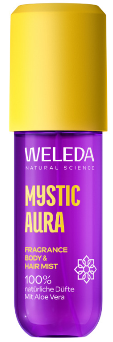 weleda mystic aura hair and body mist in purple bottle with yellow lid