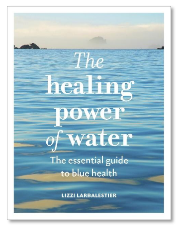 hardback cover for the healing power of water book, featuring blue waves and white writing