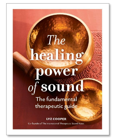 warm toned front cover for hardback book reading 'the healing power of sound' in white writing and a picture of a sound bowl