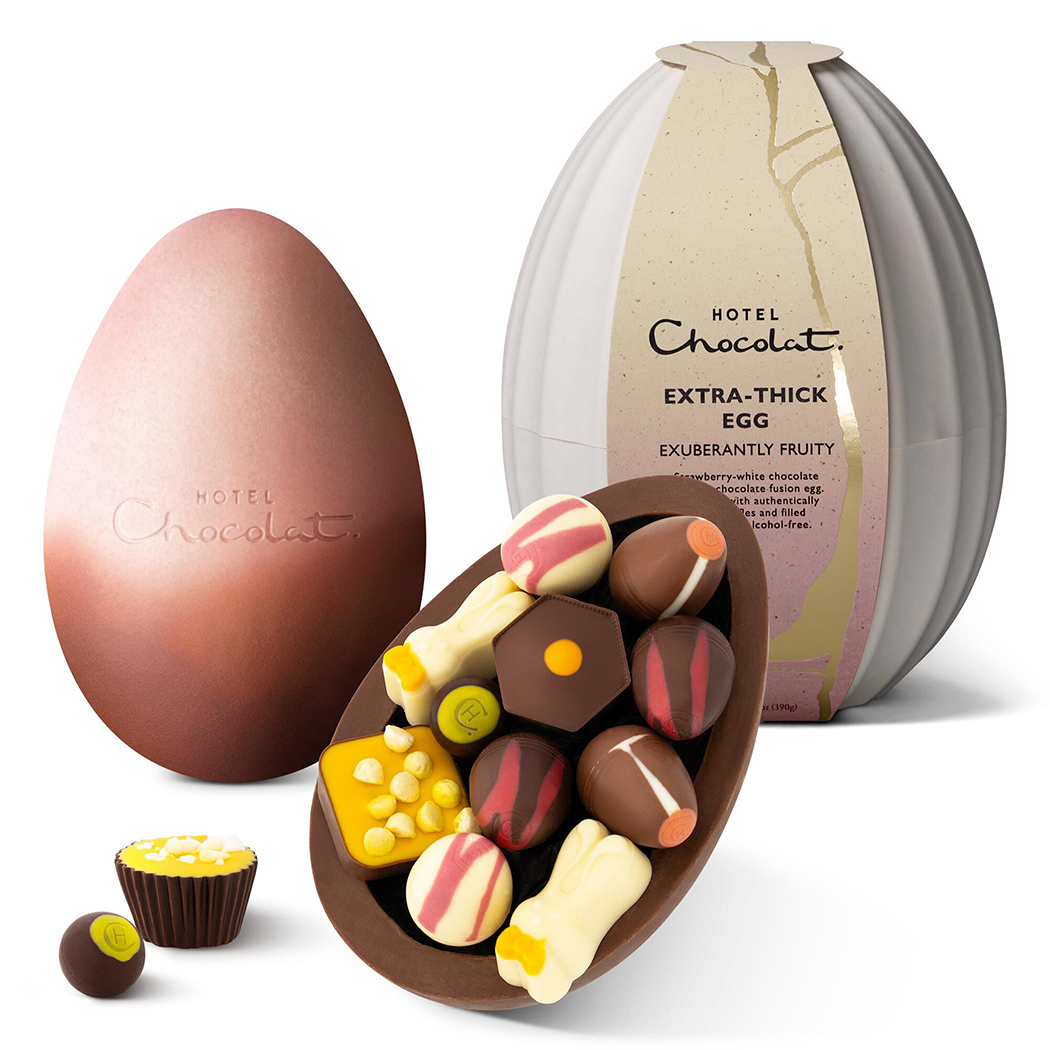 Hotel Chocolat Extra Thick Fruity Egg with open middle containing fruity chocolates